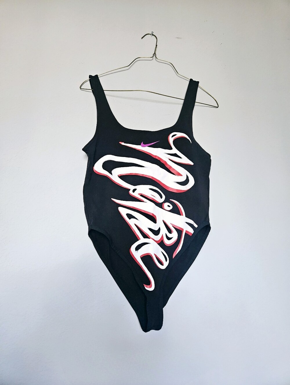 Womans Nike Graffiti Urban Cursive Body Suit Black Red Purple Swoop Neck Small